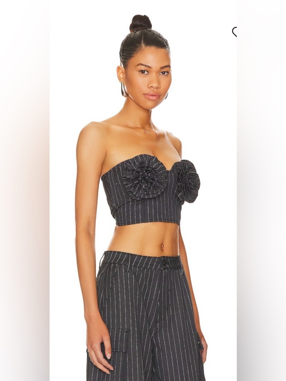 AFRM Kiko Strapless Pinstripe Crop Top with Rosette Detail - Black Med